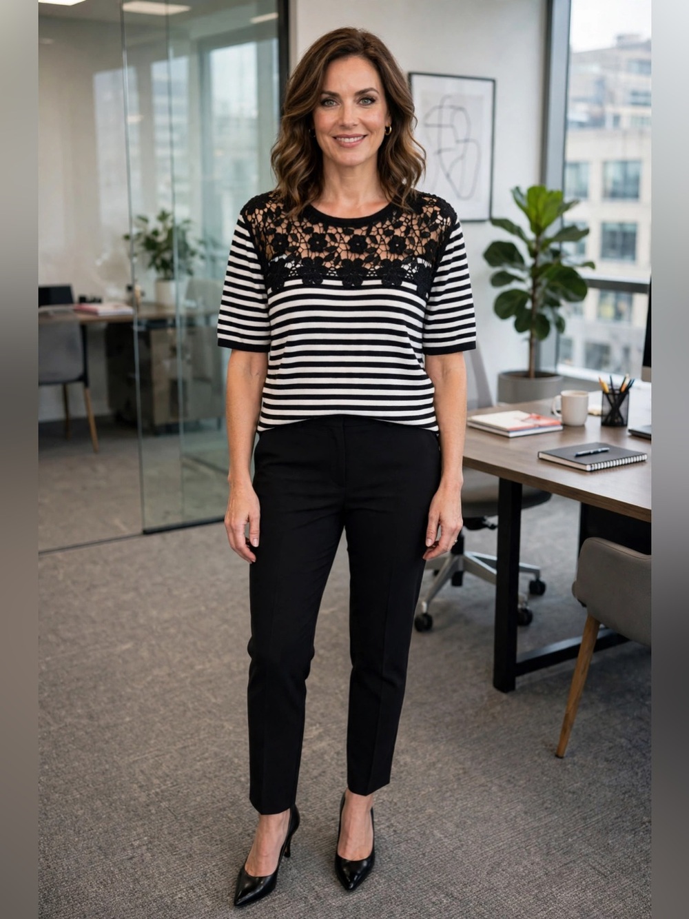 Alfred Dunner Black & White Striped Scoop Neck Top with Crochet Floral Yoke
